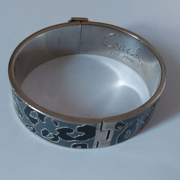 COACH 3/4" Ocelot Leopard Black Gray Silver Tone Hinged Bangle Bracelet - Picture 8 of 12
